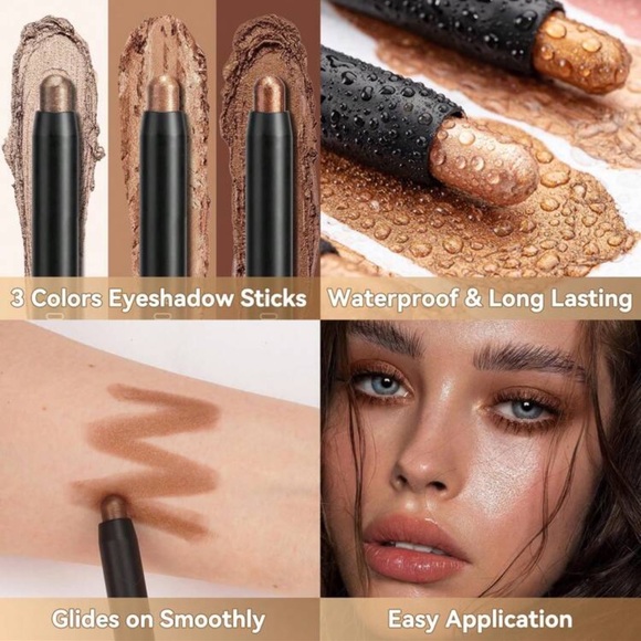 Eyeshadow Stick, 3 Pcs Cream Eye Shadow Sticks, Brightener Stick With Brush - Picture 3 of 6